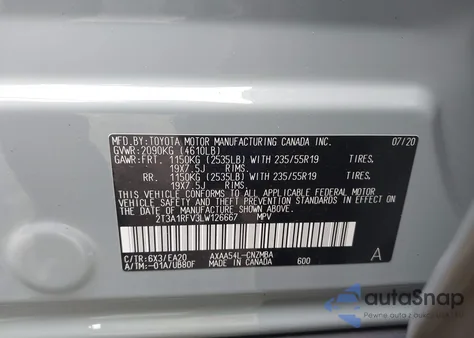 2020 Toyota Rav4 Xle Premium из США, поврежденный, VIN 2T3A1RFV3LW126667